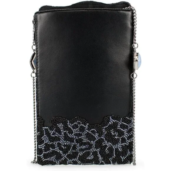 Wild Cat Snow Leopard Beaded Crossbody Cell Phone Bag Grey Black Evening Clutch
